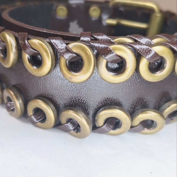 Buffalo genuine leather brown double hole steampunk grommet belt - Picture 7 of 7